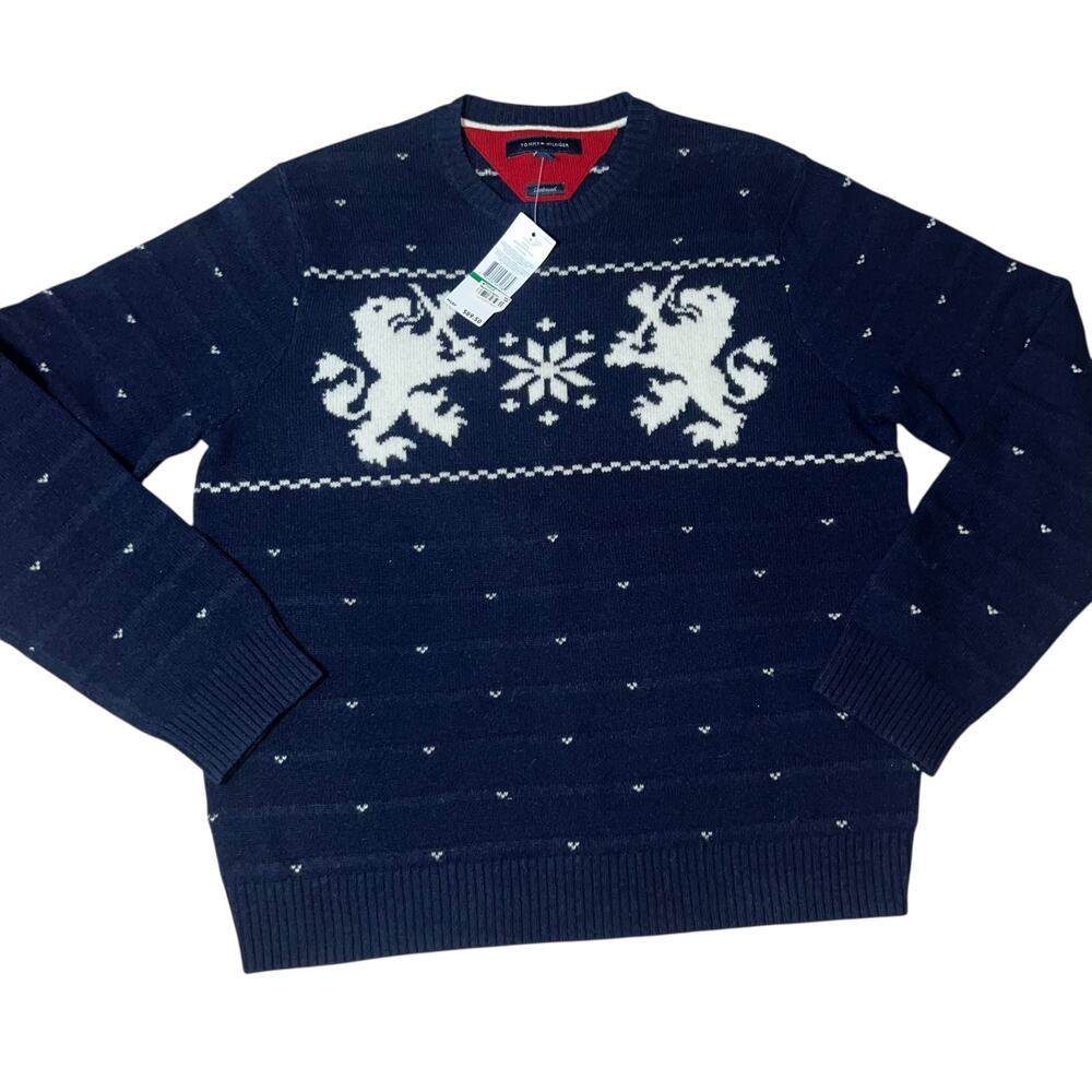 Tommy Hilfiger Men’s Lambswool Sweater Navy Blue Pullover Lion Snowflake Sz LG
